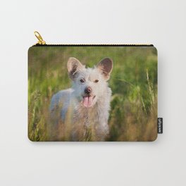 Single white stray tyke dog at the meadow Carry-All Pouch | Dog, One, Mutt, White, Tongue, Vagrant, Homeless, Grass, Tyke, Meadow 
