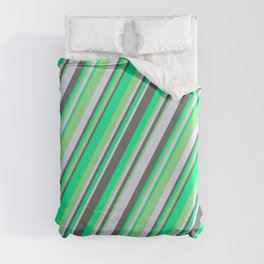 [ Thumbnail: Green, Light Green, Lavender, and Dim Gray Colored Stripes/Lines Pattern Duvet Cover ]