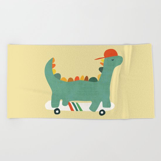 Dinosaur on retro skateboard Beach Towel
