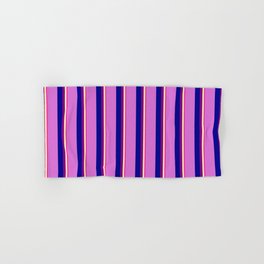 [ Thumbnail: Deep Pink, Beige, Purple, Dark Blue, and Orchid Colored Stripes Pattern Hand & Bath Towel ]