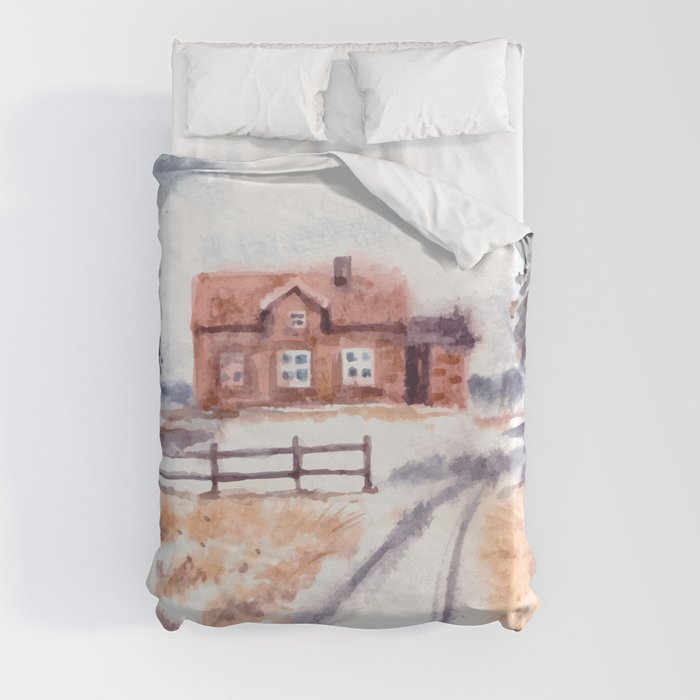Winter Landscape With House And Pine Trees Watercolor Duvet Cover