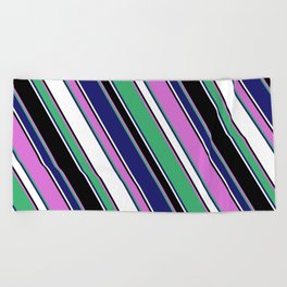 [ Thumbnail: Vibrant Orchid, Sea Green, Midnight Blue, White & Black Colored Lines Pattern Beach Towel ]