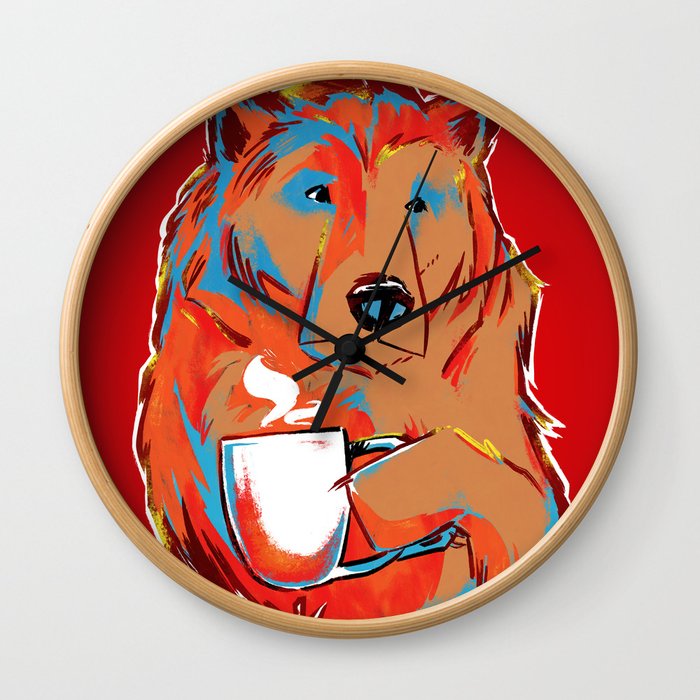 Bear with Coffee Mug Wall Clock