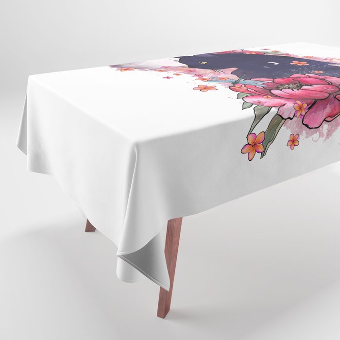 Black cat and moon, flowers and butterfly Tablecloth