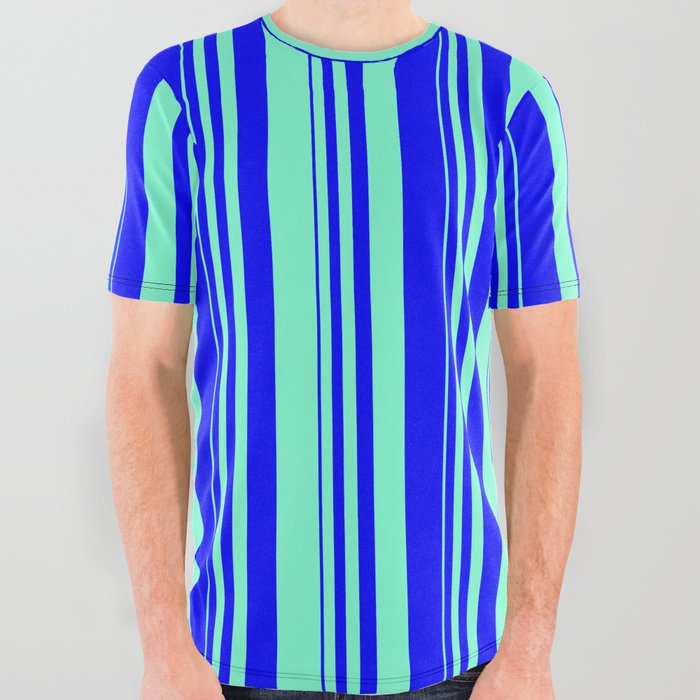 Blue & Aquamarine Colored Striped Pattern All Over Graphic Tee