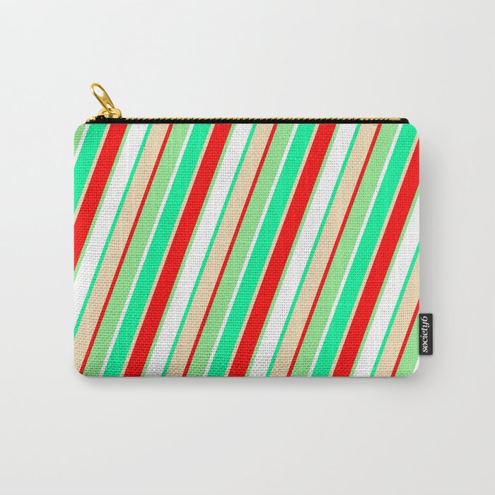 Eye-catching Green, Tan, Red, Light Green, and White Colored Pattern of Stripes Carry-All Pouch