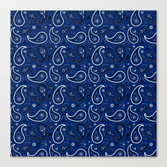 Black and White Paisley Pattern on Blue Background Canvas Print