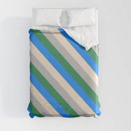 [ Thumbnail: Blue, Beige, Grey & Sea Green Colored Striped Pattern Duvet Cover ]