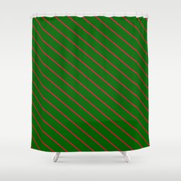[ Thumbnail: Crimson and Dark Green Colored Lines/Stripes Pattern Shower Curtain ]