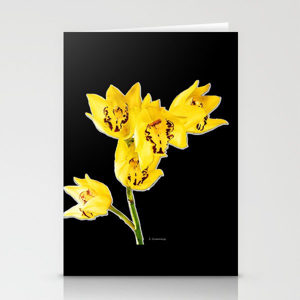 Yellow Orchids On Black Background Floral Art Stationery Cards