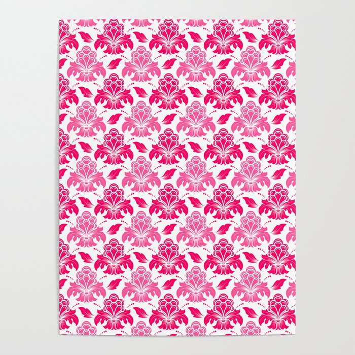 Preppy Room Decor - Pink Red Damask Pattern Design  Poster