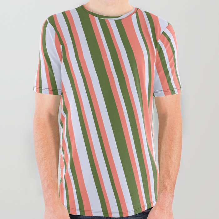 Salmon, Dark Olive Green & Lavender Colored Lines Pattern All Over Graphic Tee