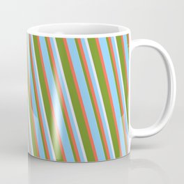 [ Thumbnail: Light Sky Blue, Red, Green & Lavender Colored Lined Pattern Coffee Mug ]