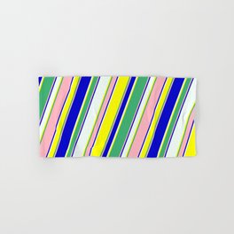 [ Thumbnail: Eyecatching Mint Cream, Yellow, Sea Green, Light Pink & Blue Colored Lines/Stripes Pattern Hand & Bath Towel ]