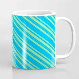 [ Thumbnail: Deep Sky Blue & Light Green Colored Lines/Stripes Pattern Coffee Mug ]