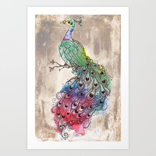 Grunge Peacock Art Print
