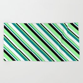 [ Thumbnail: Green, Teal, Mint Cream & Black Colored Lined Pattern Beach Towel ]