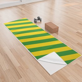 [ Thumbnail: Yellow & Forest Green Colored Stripes/Lines Pattern Yoga Towel ]