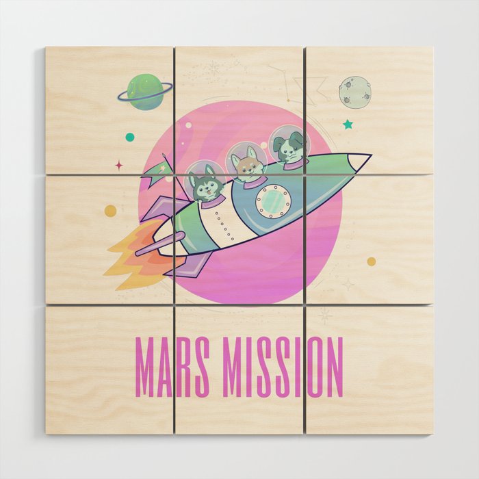 Dogs In Space On Mars Mission Wood Wall Art