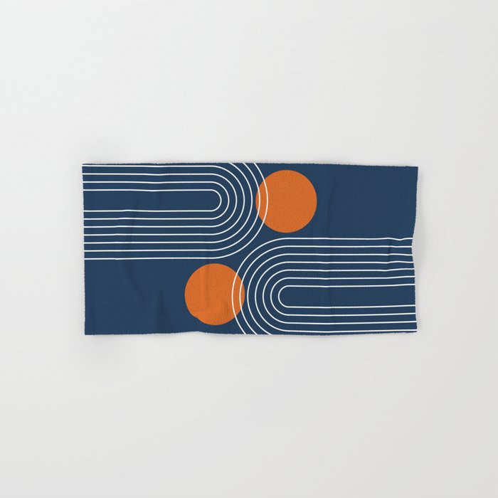 Mid Century Modern Geometric 83 in Navy Blue and Orange (Rainbow and Sun Abstraction) Hand & Bath Towel
