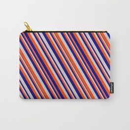 [ Thumbnail: Blue, Light Gray & Red Colored Lined Pattern Carry-All Pouch ]