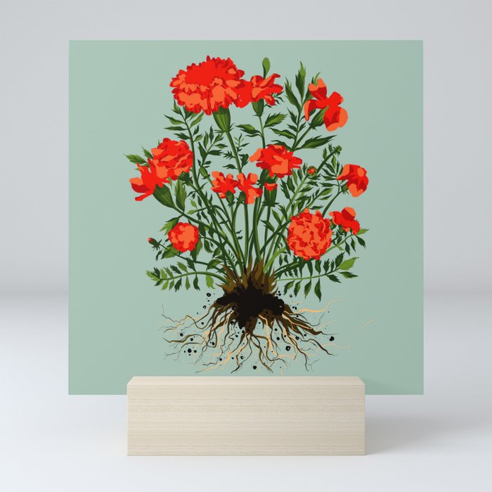 Mexican Marigold Plant Painting in Sage Green Mini Art Print
