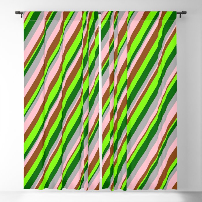 Vibrant Dark Grey, Pink, Brown, Green & Dark Green Colored Lined Pattern Blackout Curtain