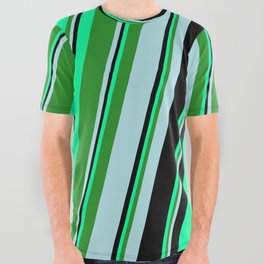 [ Thumbnail: Green, Forest Green, Powder Blue, and Black Colored Striped/Lined Pattern All Over Graphic Tee ]