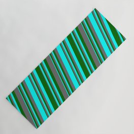[ Thumbnail: Aqua, Dark Green & Dim Grey Colored Lines/Stripes Pattern Yoga Mat ]