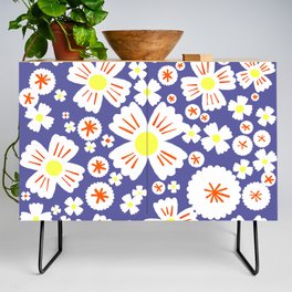 Retro Yellow Daisy Flowers on Periwinkle Credenza