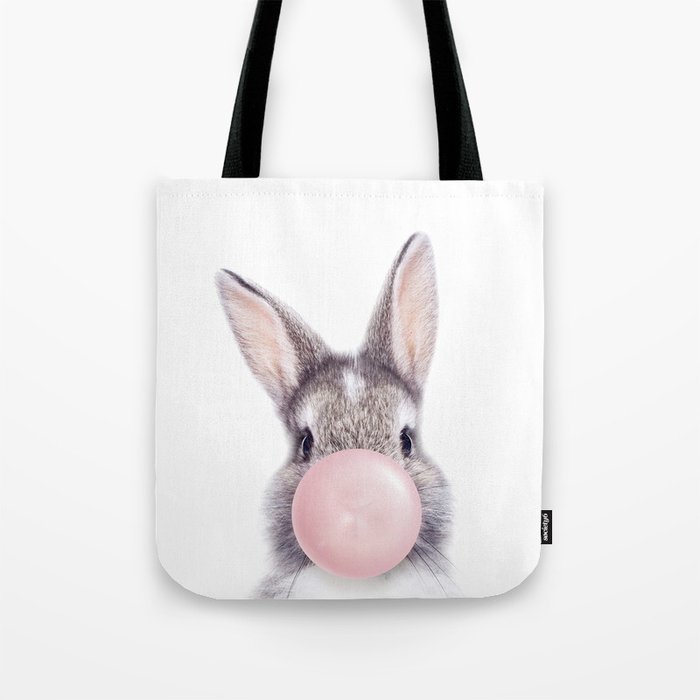 Bunny Rabbit Blowing Bubble Gum, Pink Nursery, Baby Animals Art Print by Synplus Tote Bag