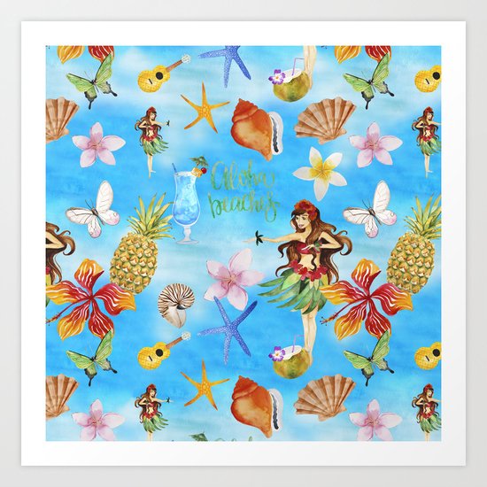 Aloha Beach Party Pattern with Hulagirl on #Society6 Art Print