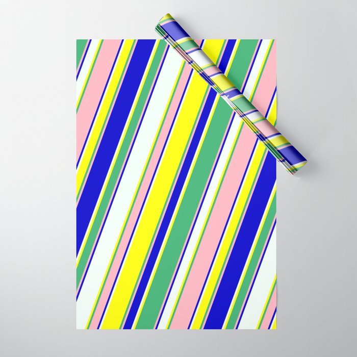 Eyecatching Mint Cream, Yellow, Sea Green, Light Pink & Blue Colored Lines/Stripes Pattern Wrapping Paper