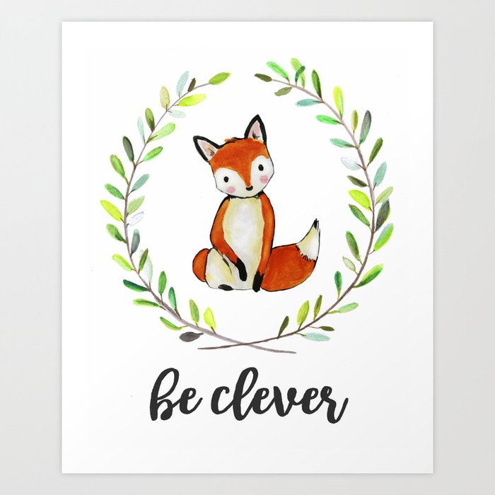 Woodland Creature Animal Nursery Fox Baby Art Decor Print Clever