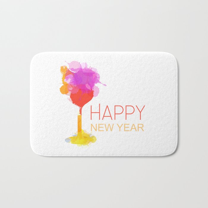 Happy New year celebration with champagne glass watercolor paint drops Bath Mat