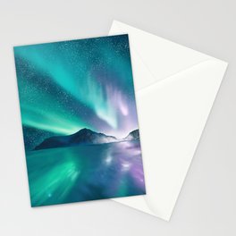 Aurora boralis - polar lights - illustration of admiration of the wonderful landscape with mountains, sky and sea. Stationery Cards