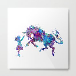 Girl and Unicorn Colorful Blue Purple Watercolor Kids Art Metal Print