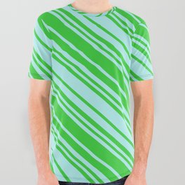 [ Thumbnail: Turquoise & Lime Green Colored Pattern of Stripes All Over Graphic Tee ]