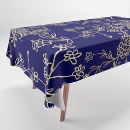 Elegant Botanical Navy Blue Gold Hand Drawn Floral Tablecloth