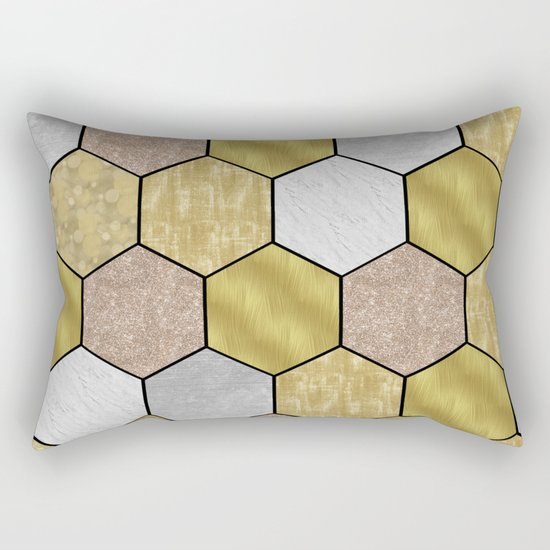 Golden honeycomb on black geometric Rectangular Pillow