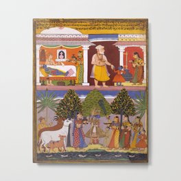 Scenes from the Childhood Krishna, from a Sur Sagar Manuscript Metal Print | Indian, Manuscript, God, Decor, Art, Vintage, Ancient, Story, Colorful, Print 