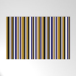 [ Thumbnail: Tan, Dark Goldenrod, Black, White & Midnight Blue Colored Lines/Stripes Pattern Welcome Mat ]