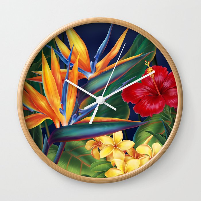Tropical Paradise Hawaiian Floral Illustration Wall Clock