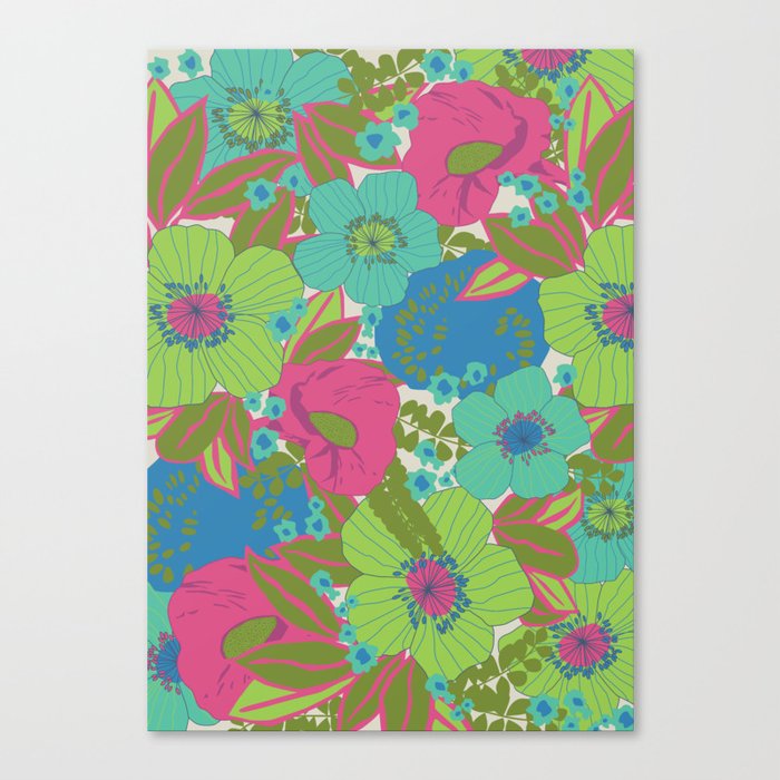Green, Turquoise, Blue and Magenta Retro Floral Pattern Canvas Print