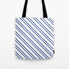 [ Thumbnail: White, Blue & Midnight Blue Colored Striped Pattern Tote Bag ]