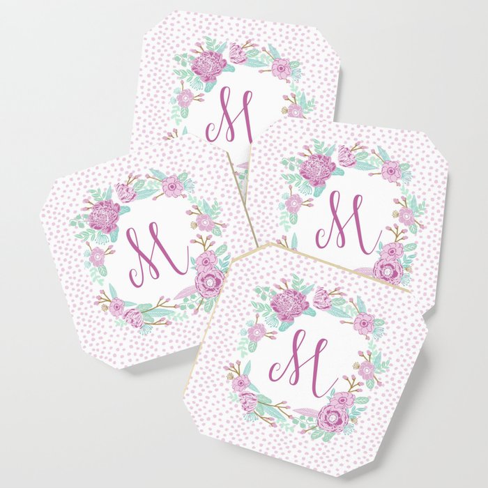 Monogram M - cute girls purple florals flower wreath, lilac florals, baby girl, baby blanket Coaster