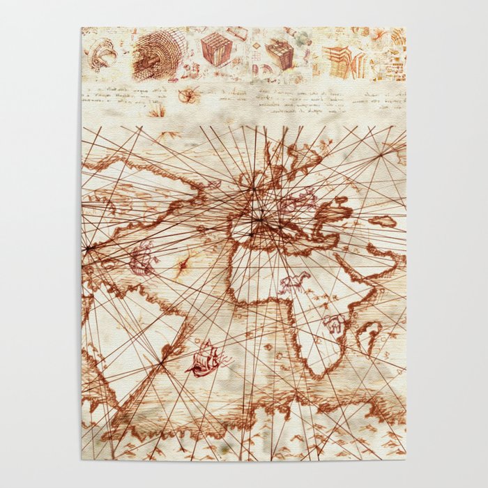 Leonardo Da Vinci World Map Vintage Route Map Of The World - Leonardo Da Vinci Poster By Viktorius Art  | Society6