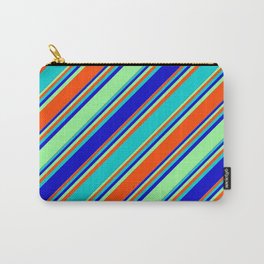 [ Thumbnail: Dark Turquoise, Blue, Green, and Red Colored Striped Pattern Carry-All Pouch ]