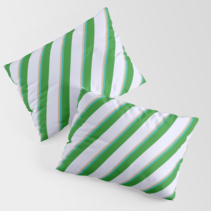 Tan, Light Sea Green, Forest Green, and Lavender Colored Lined/Striped Pattern Pillow Sham