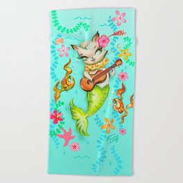 Mermaid Cat with Ukulele Beach Towel